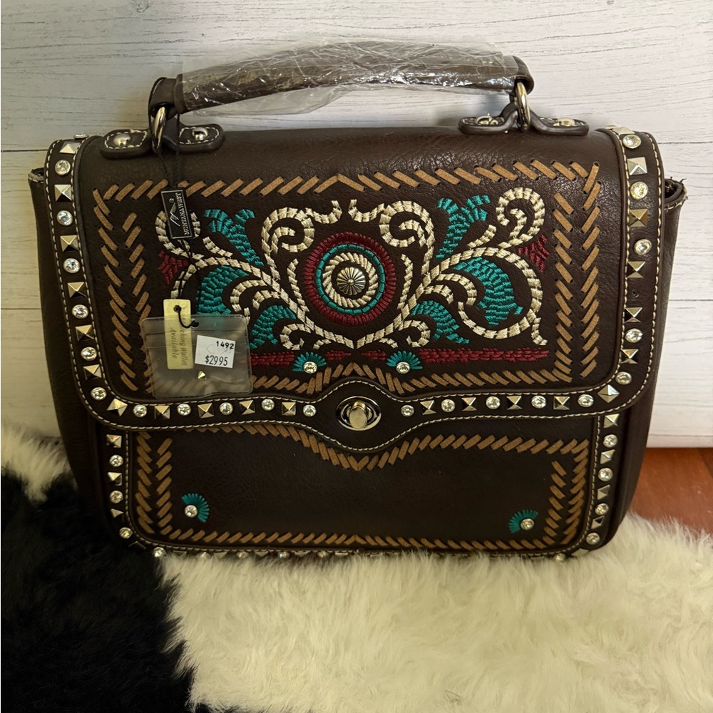 Montana West Brown Satchel with Embroidery and Studs